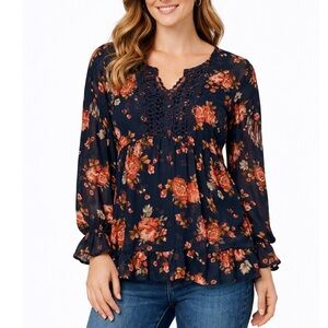 Decree Navy and Red Floral Blouse BoHo Western Festival SZ SM semi sheer